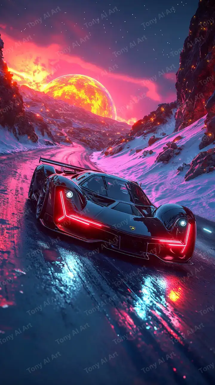 Siêu Xe Neon Cyberpunk - Mặt Trời Lửa AI Art 4K