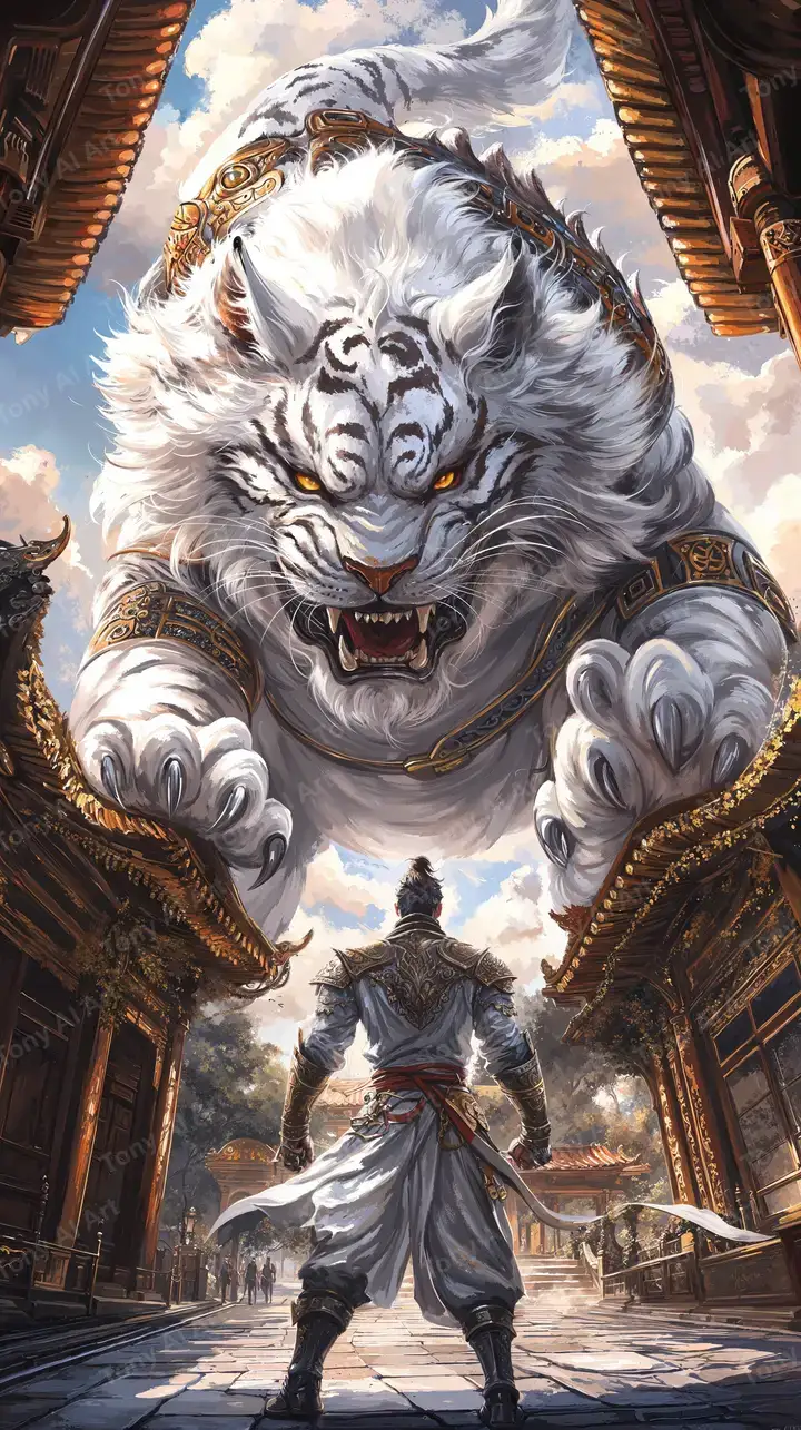 Sư Tử Phong Thủy Trắng Vàng - Hình Nền AI Art 4K