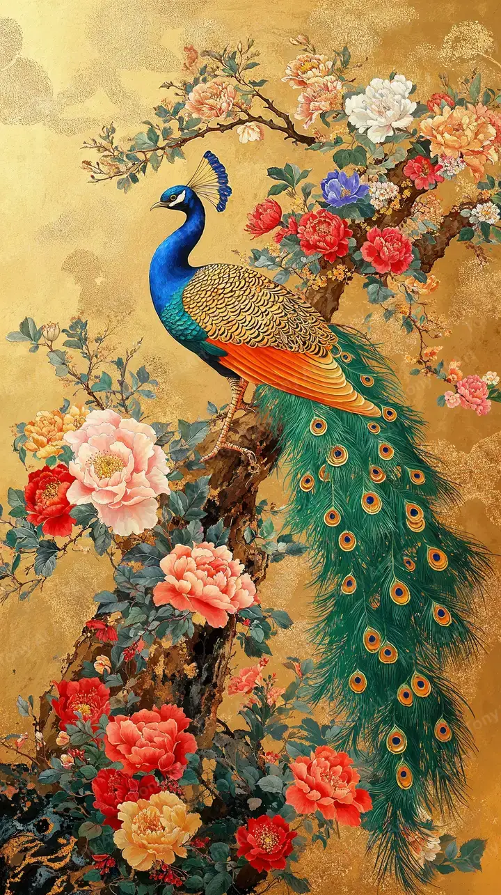 Công Xanh Mẫu Đơn Vàng - Hình Nền AI Art 4K