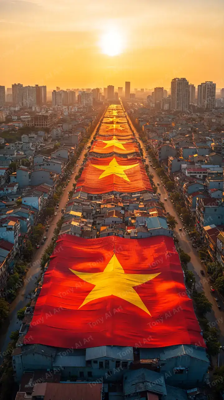 Cờ Việt Nam Gradient Vàng - Thành Phố AI Art Hình Nền 4K