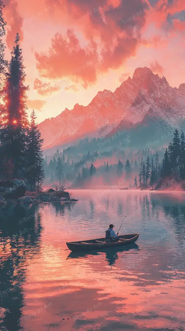 Hồ Núi Hoàng Hôn - Hình Nền Thiên Nhiên AI Art 4K