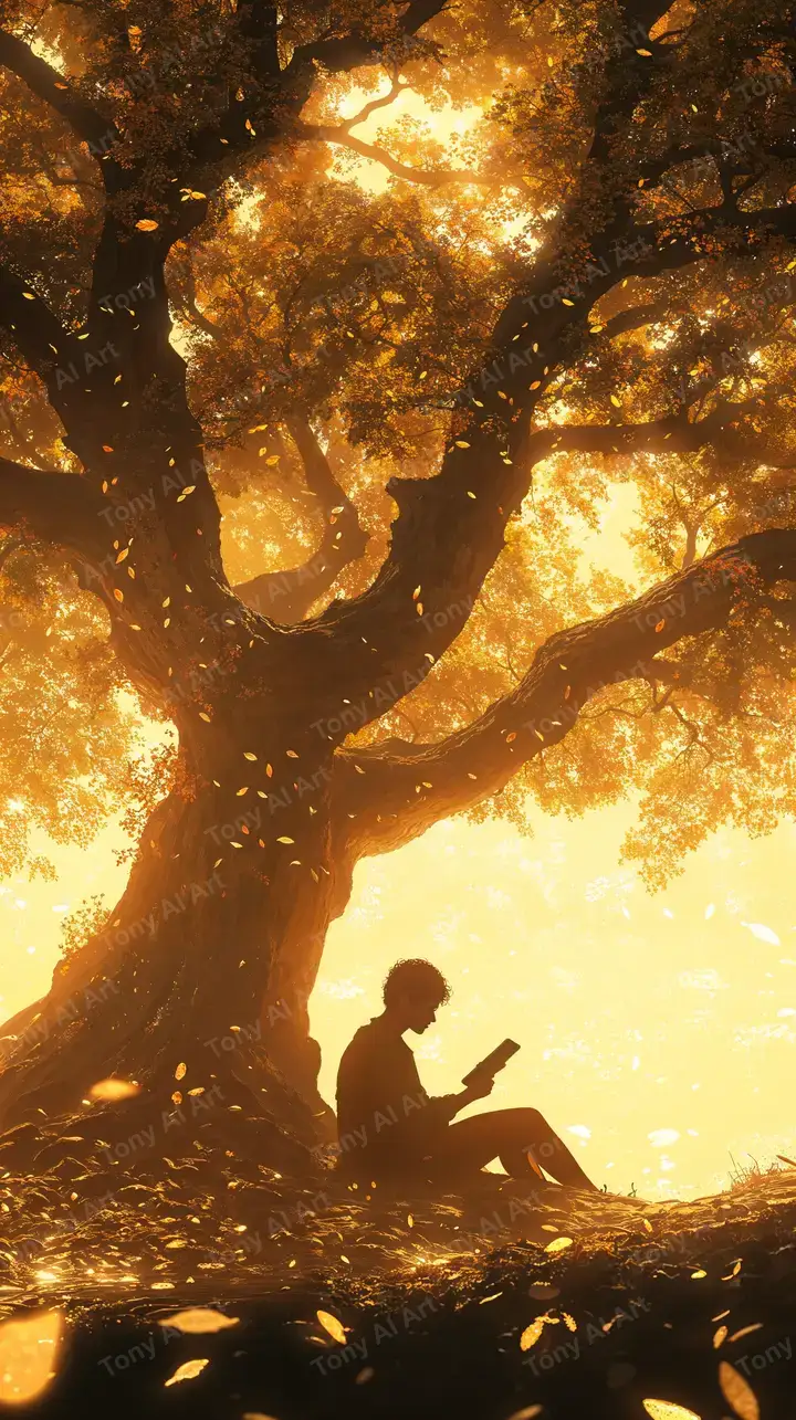 Cô Gái Đọc Dưới Cây Vàng - Hình Nền AI Art 4K