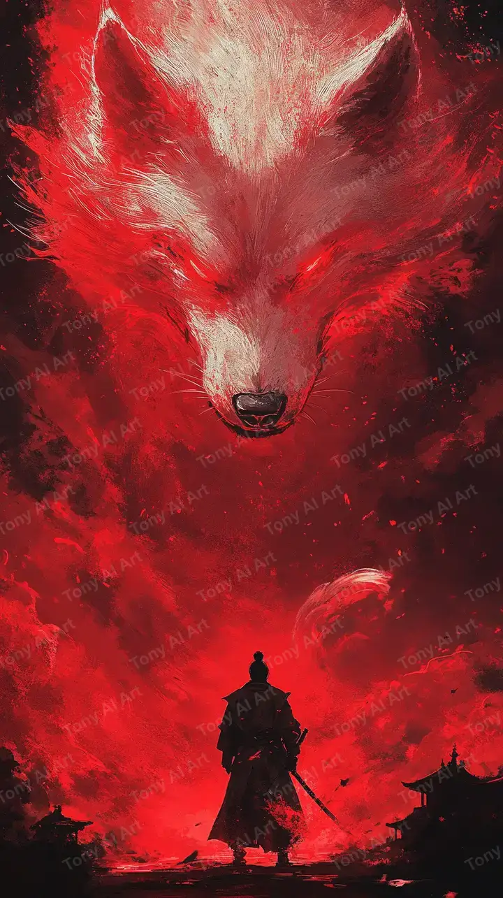 Kitsune Huyền Bí - Hình Nền AI Art 4K Cosmic Đỏ