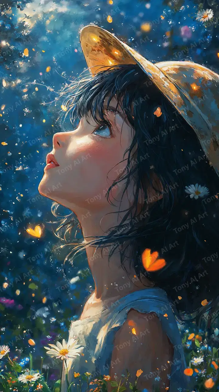 Cô Gái Nón Lá Bầu Trời Sao - Hình Nền AI Art Cosmic 4K