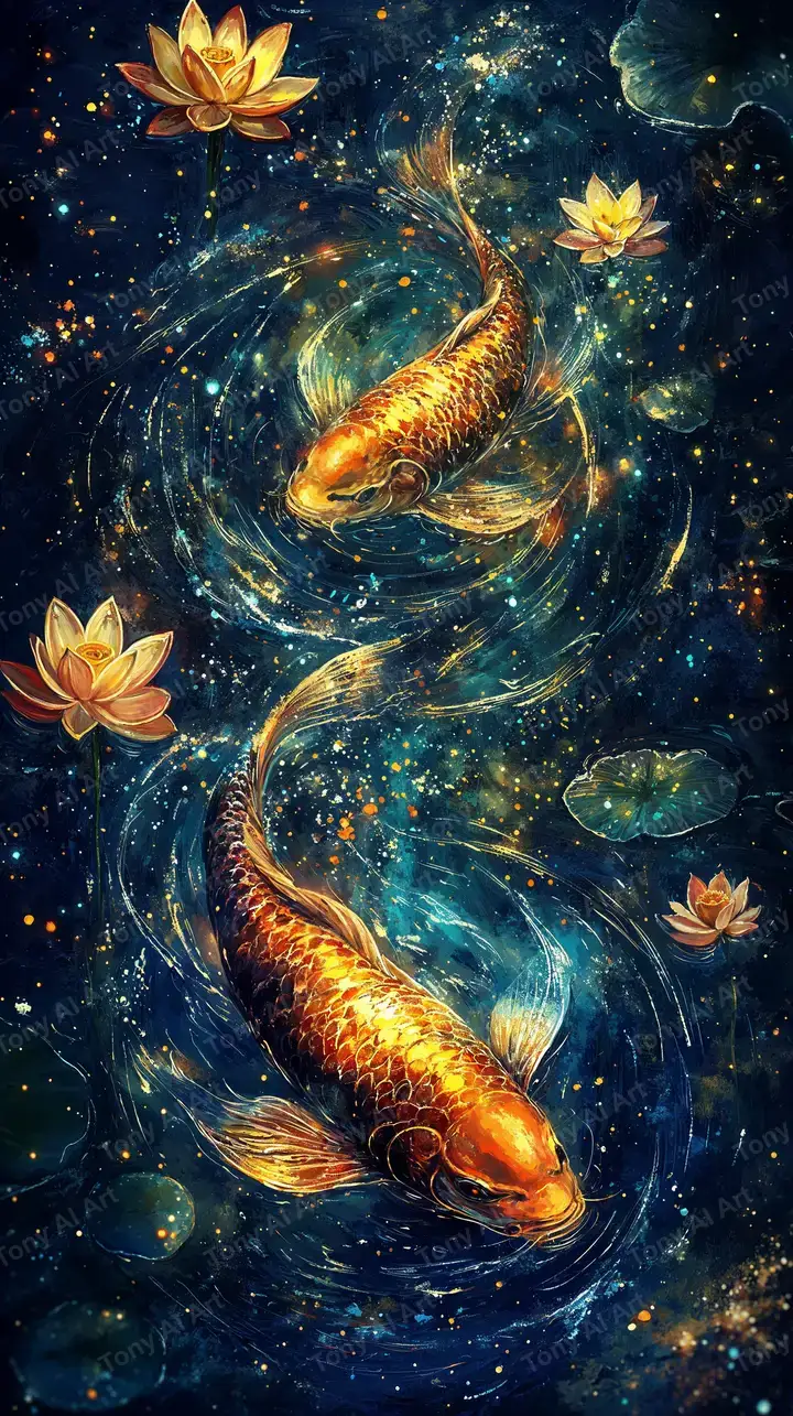 Cá Koi Vàng Phong Thủy - Hình Nền AI Art Cosmic 4K