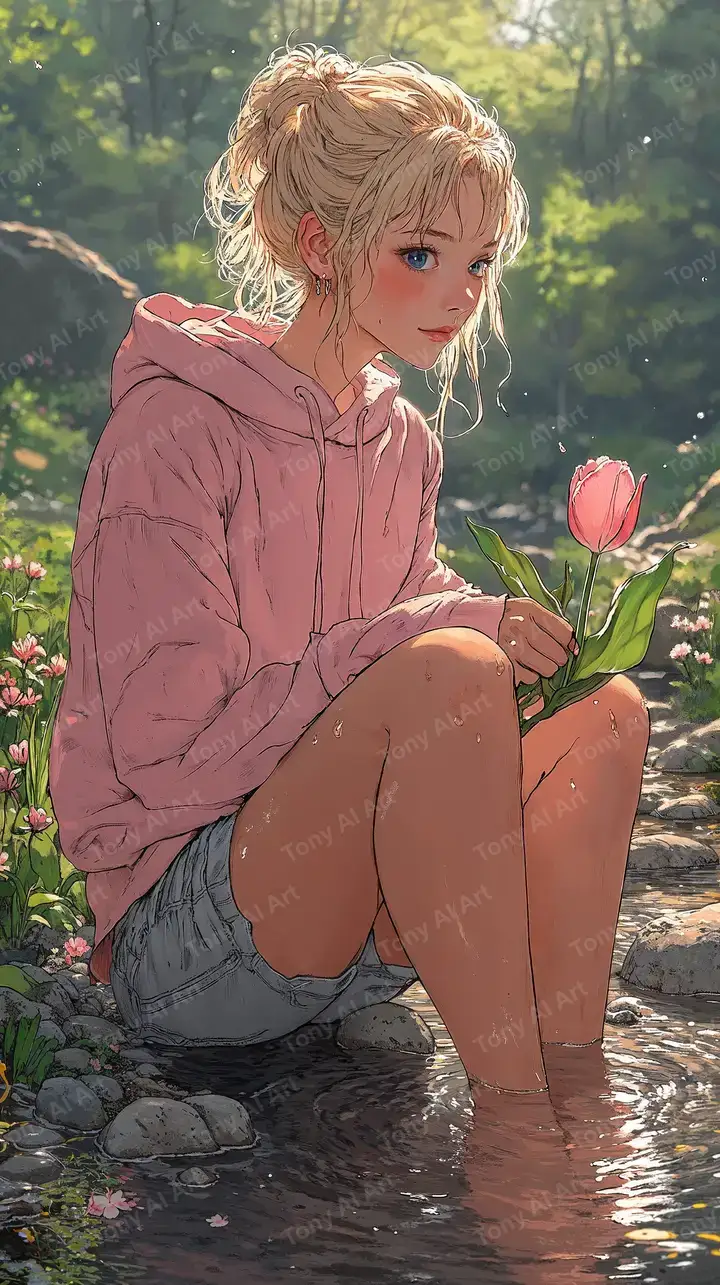 Cô Gái Anime Hồng Suối Rừng - Hình Nền AI Art 4K