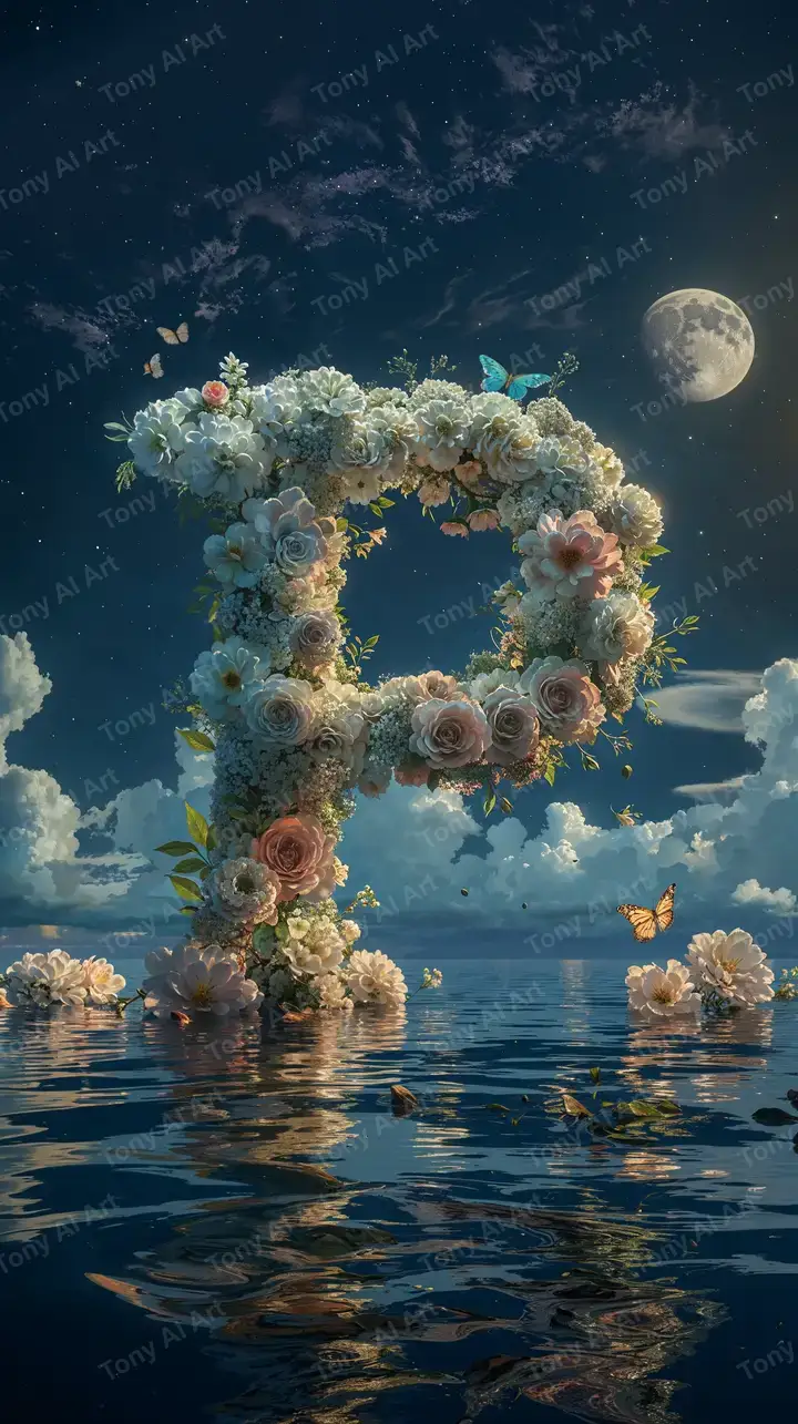 Cổng Hoa Fantasy - Mặt Trăng Xanh Lục Lam AI Art 4K