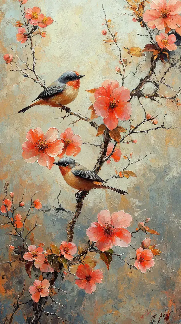 Chim Trên Cành Hoa Đỏ Cam - Hình Nền AI Art Phong Thủy 4K