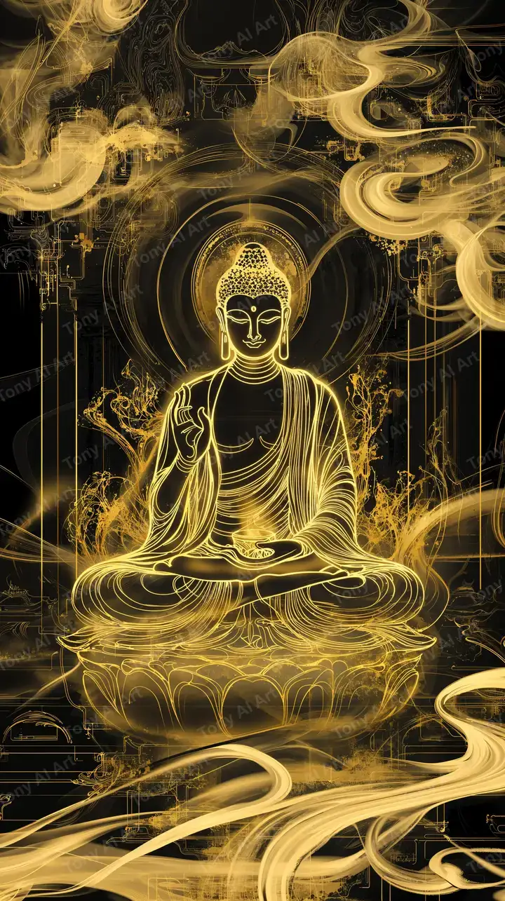 Phật Vàng Neon Tâm Linh - Hình Nền AI Art 4K