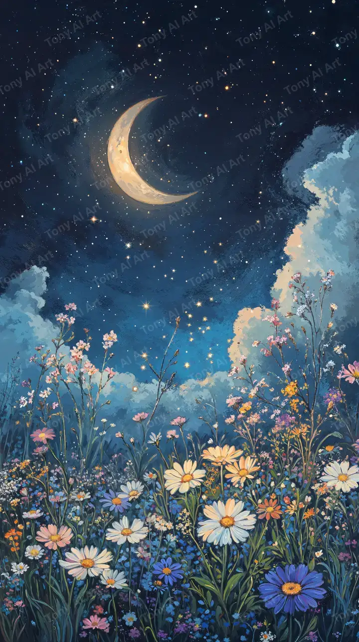 Cánh Đồng Hoa Đêm Trăng - Hình Nền AI Art Mơ Mộng 4K
