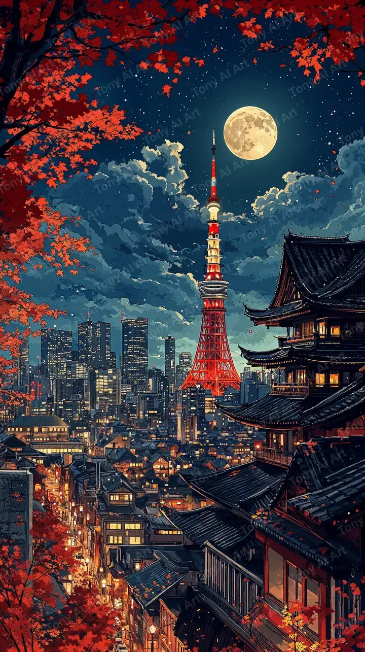 Tokyo Đêm Trăng Rằm - Tháp Đỏ & Hoa Anh Đào AI Art 4K