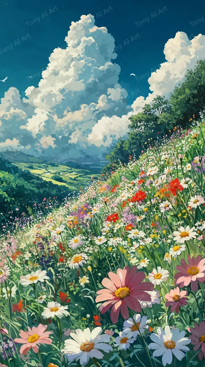 Cánh Đồi Hoa Cúc Dưới Bầu Trời Xanh - Hình Nền AI Art 4K