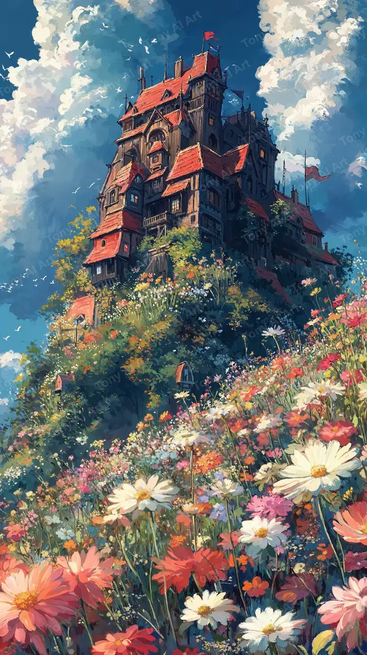 Lâu Đài Hoa Thần Kỳ - Hình Nền AI Art Fantasy 4K