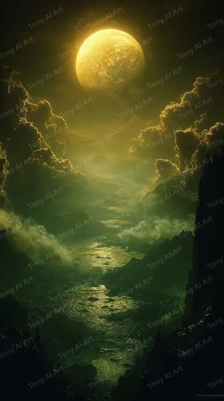 Mặt Trăng Vàng Giữa Thung Lũng Bí Ẩn - Hình Nền AI Art 4K