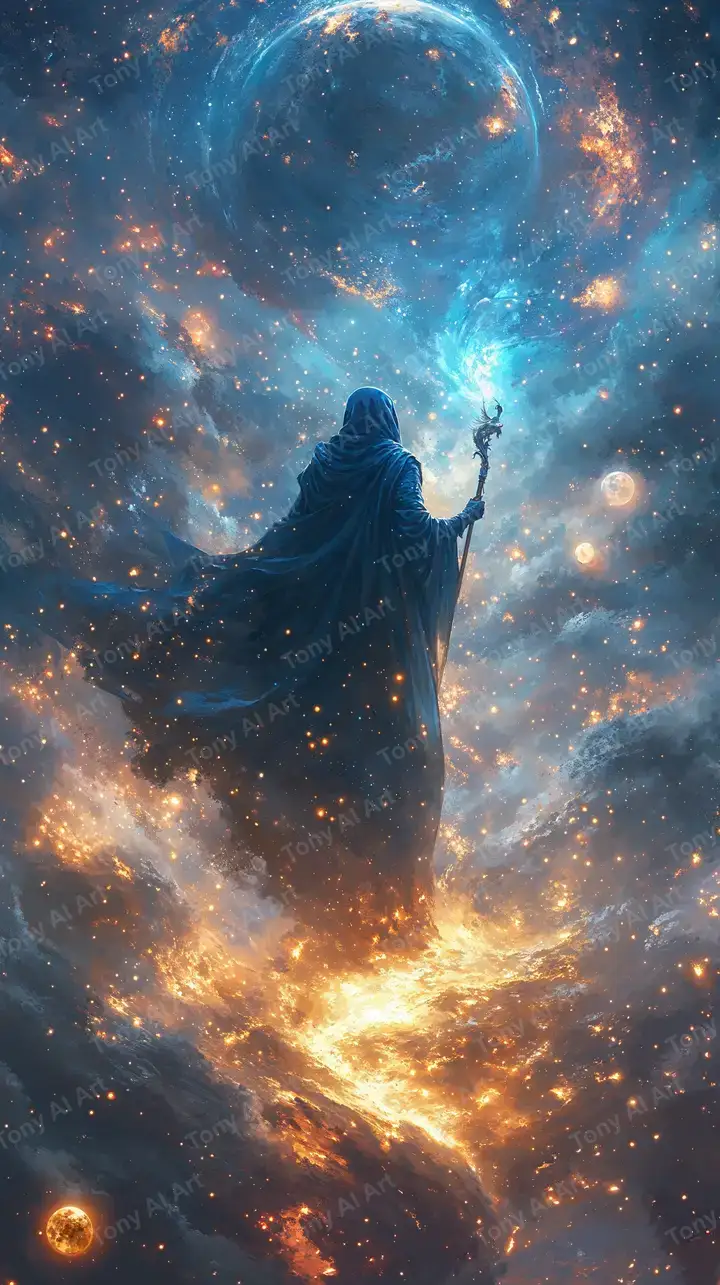 Pháp Sư Vũ Trụ - Hình Nền AI Art Cosmic Neon 4K