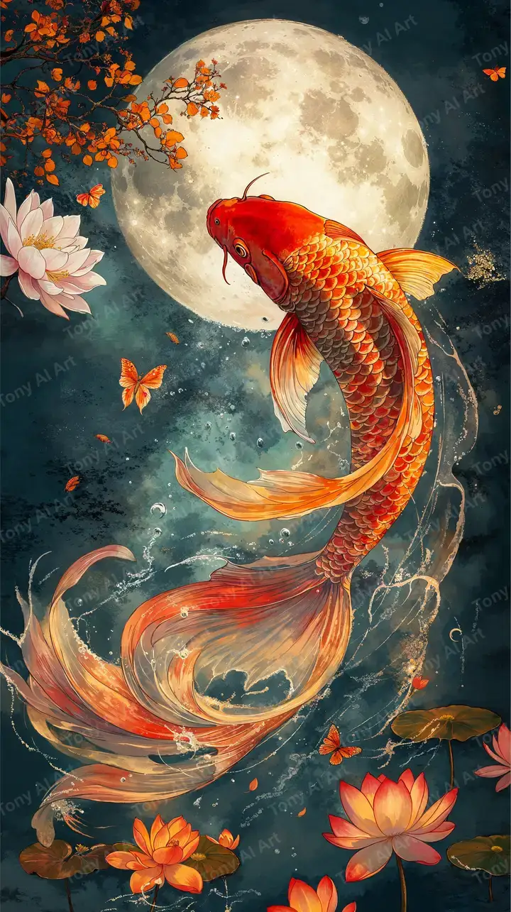 Cá Chép Phong Thủy Dưới Trăng Sáng - Hình Nền AI Art 4K