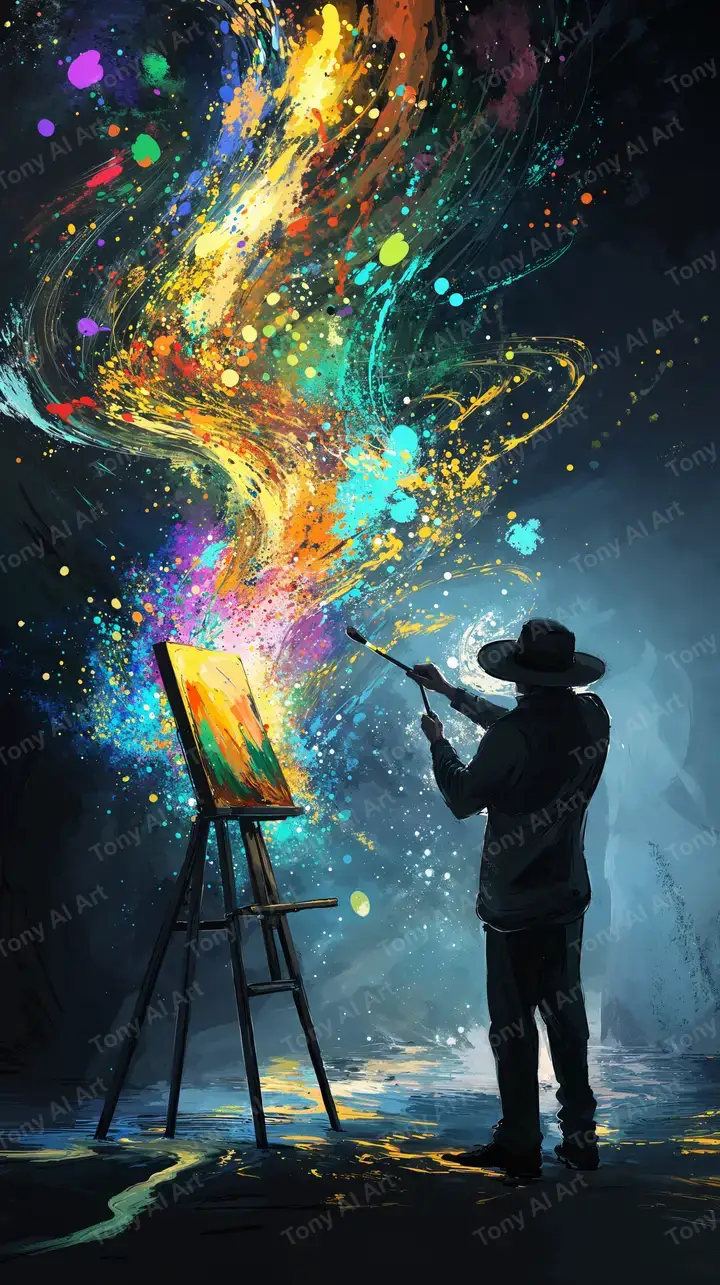 Nghệ Sĩ Vẽ Tranh Cosmic Neon - Hình Nền AI Art 4K