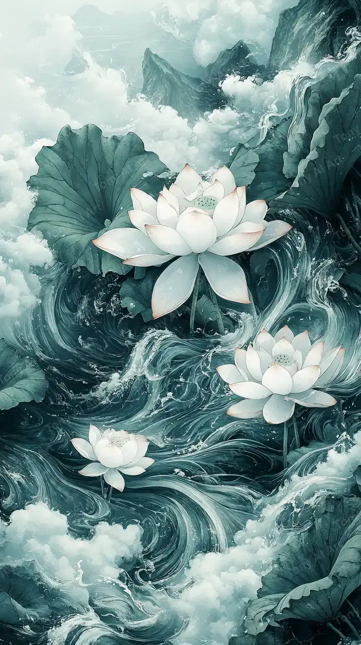 Hoa Sen Phong Thủy - Hình Nền AI Art Sương Mù 4K