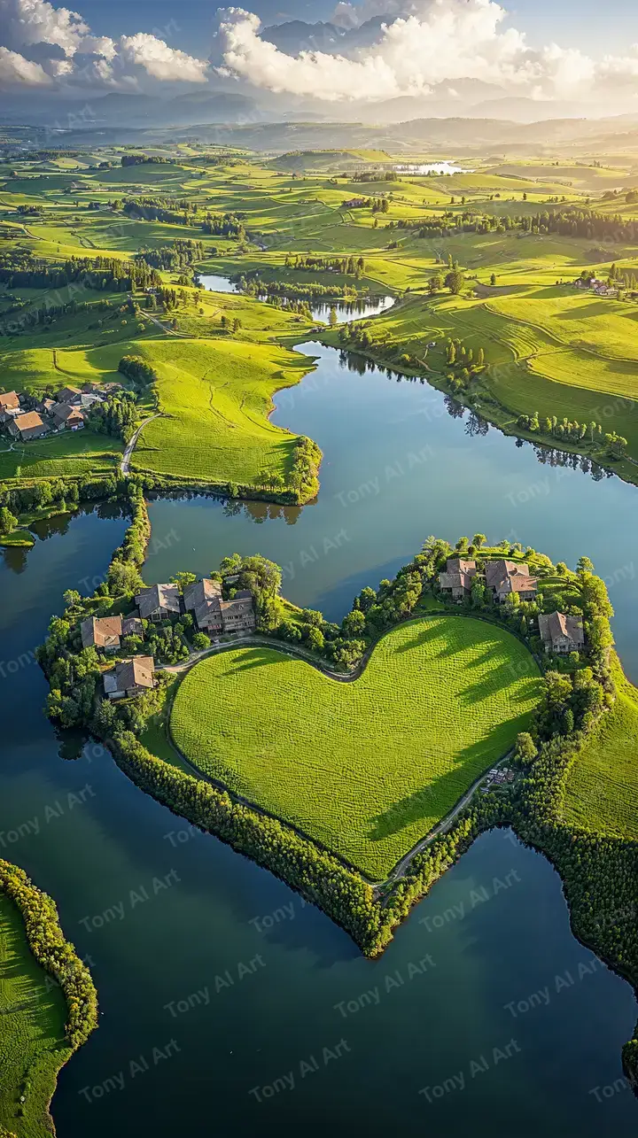 Đảo Trái Tim Xanh - Hình Nền Drone AI Art 4K