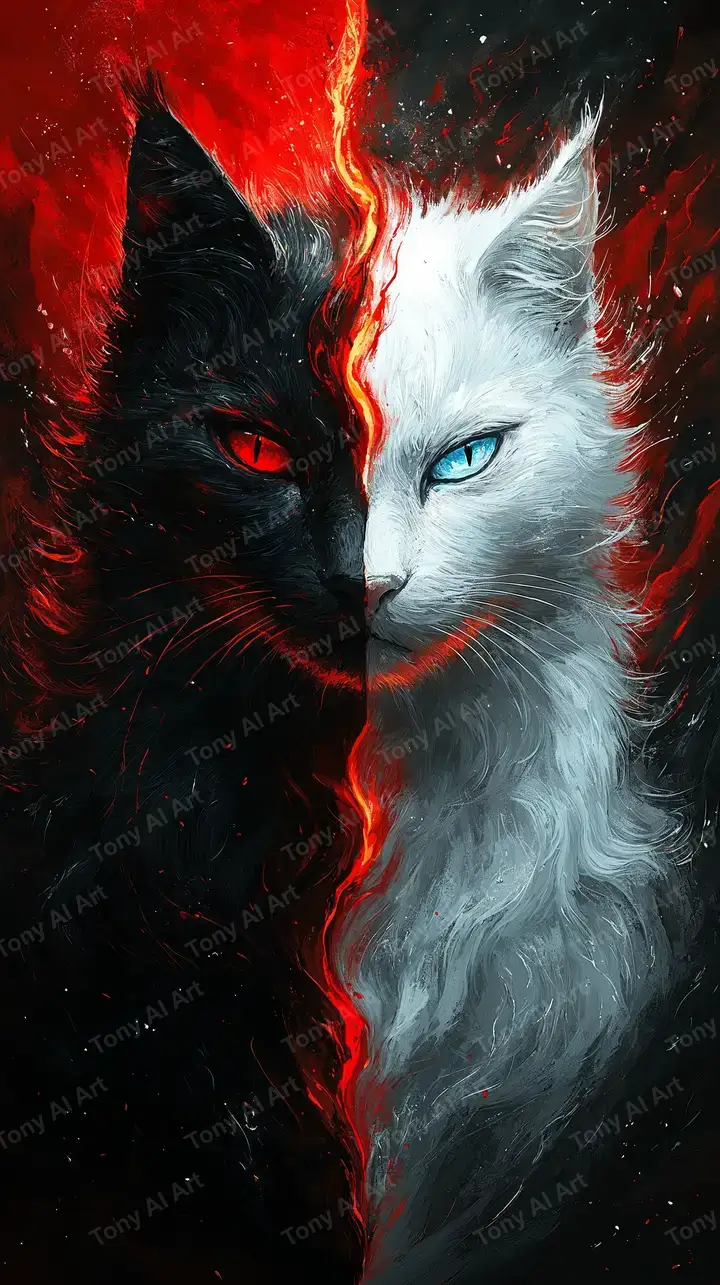 Mèo Âm Dương Lửa Xanh - Hình Nền AI Art Phong Thủy 4K