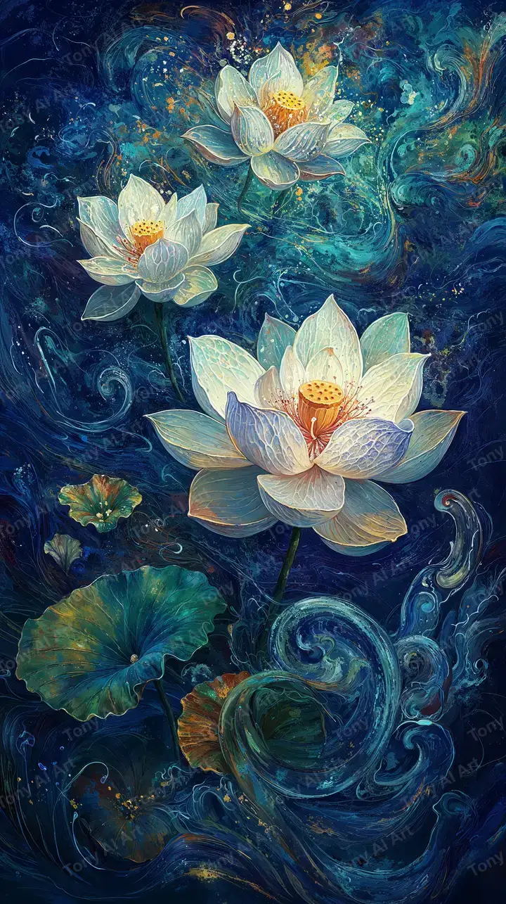 Hoa Sen Ánh Vàng Đêm Xanh - Hình Nền AI Art 4K