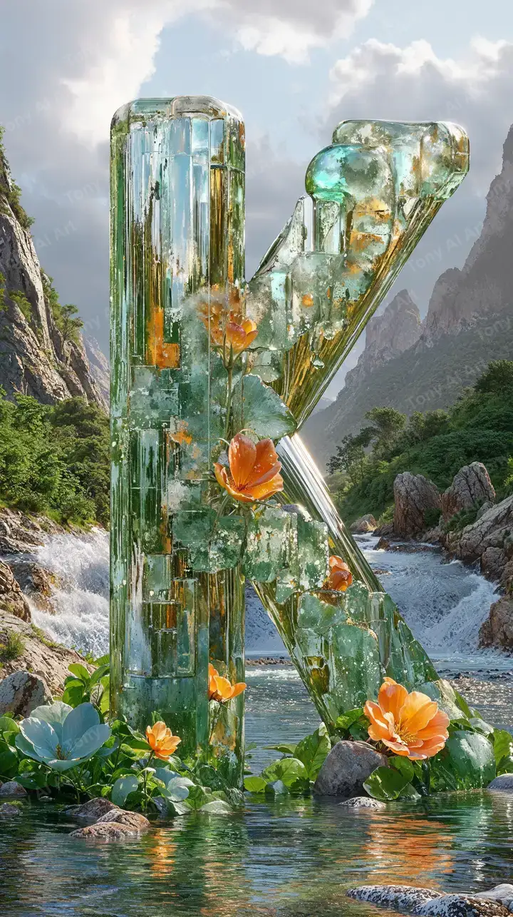 Chữ K Đá Xanh Hoa Sen - Hình Nền AI Art Thiên Nhiên