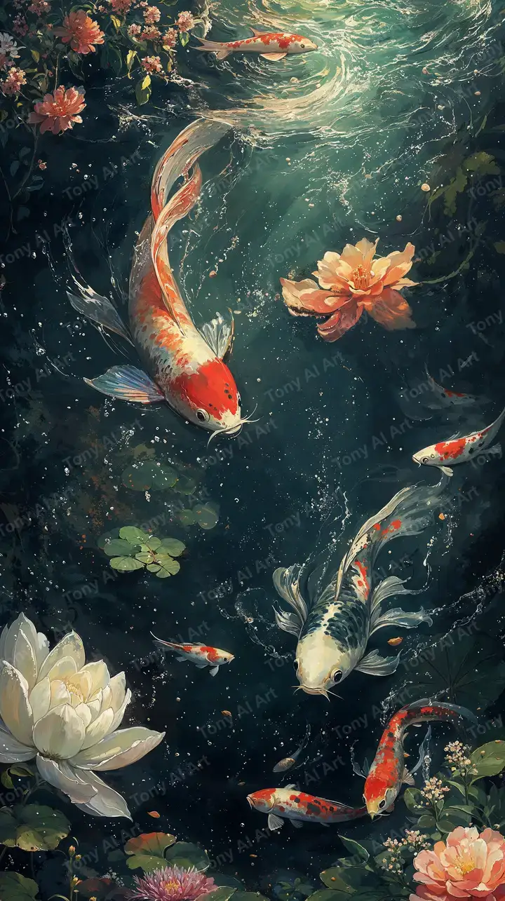 Cá Koi Hoa Sen - Hình Nền AI Art Phong Thủy 4K