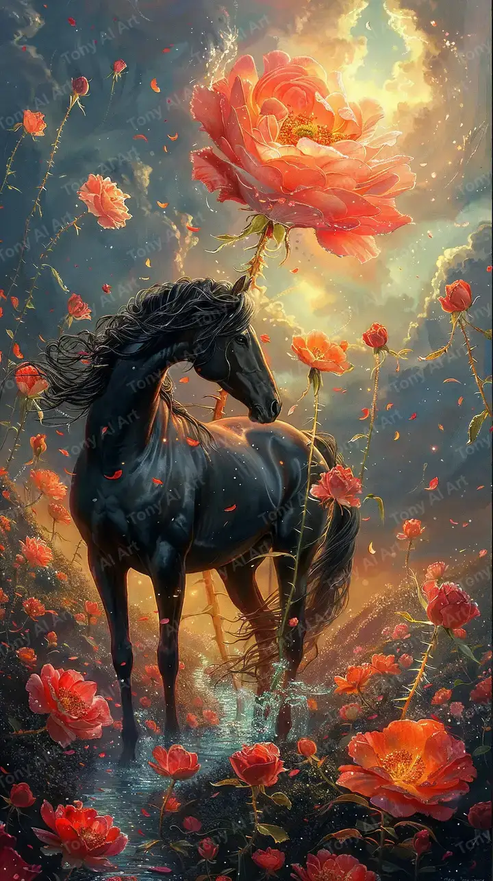 Ngựa Đen Hoa Hồng Đỏ - Hình Nền AI Art Neon 4K
