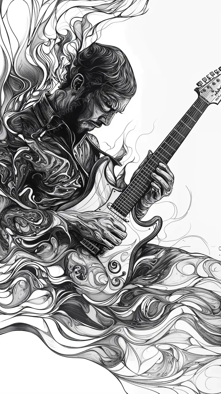 Nữ Nghệ Sĩ Chơi Guitar - Hình Nền AI Art Trắng Đen 4K