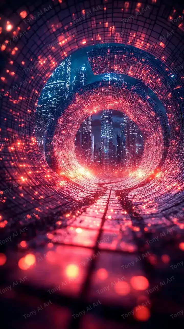 Tunnel Thành Phố Neon Đỏ - Hình Nền AI Art 4K Cosmic