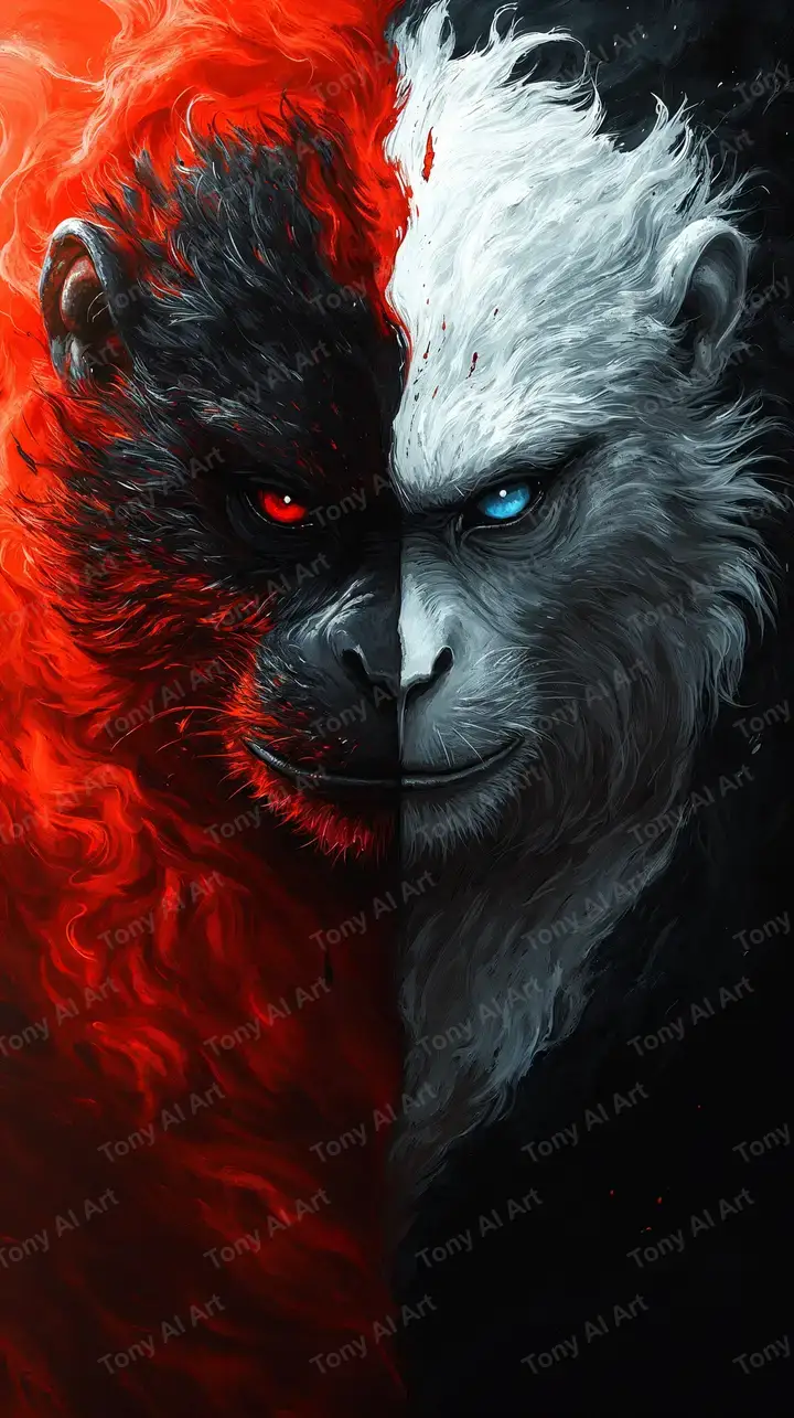 Khỉ Yin-Yang Lửa Băng - Hình Nền AI Art 4K Thần Thoại