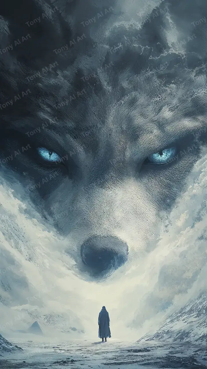 Sói Bạc Mắt Xanh - Hình Nền AI Art Tuyết 4K