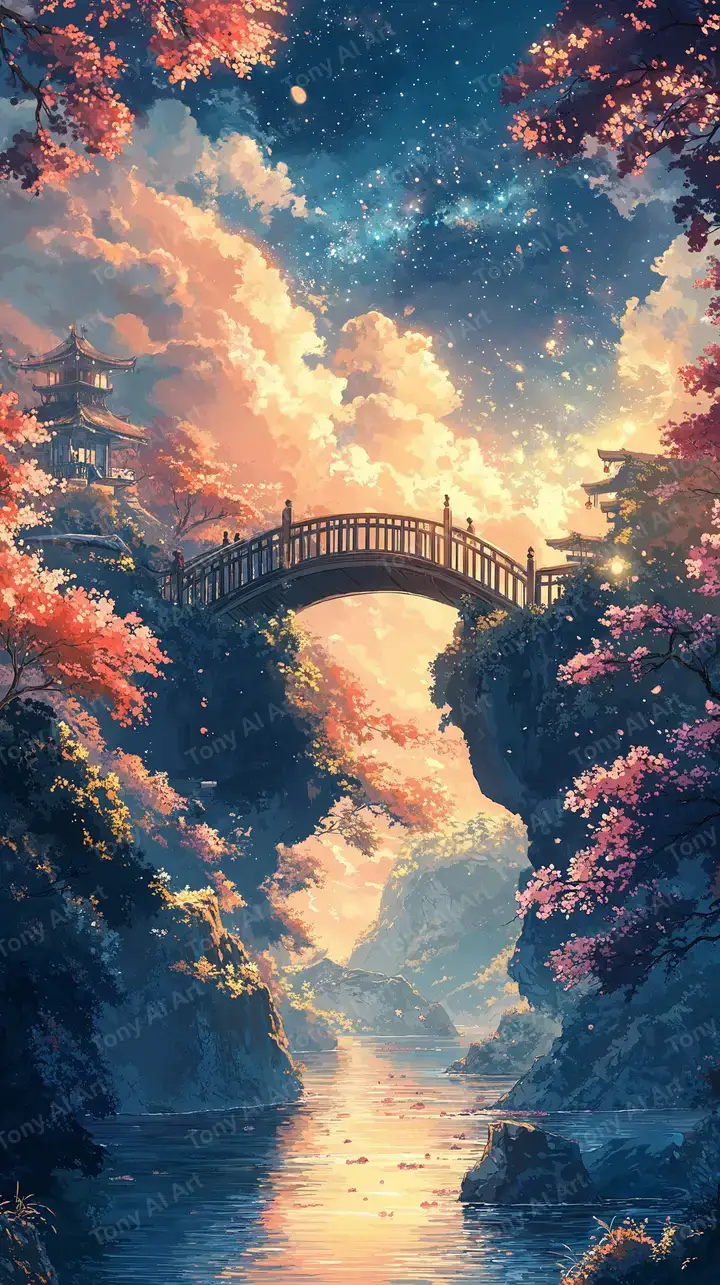 Cầu Đá Anh Đào Hồng - Phong Cảnh Glow Huyền Ảo AI Art 4K