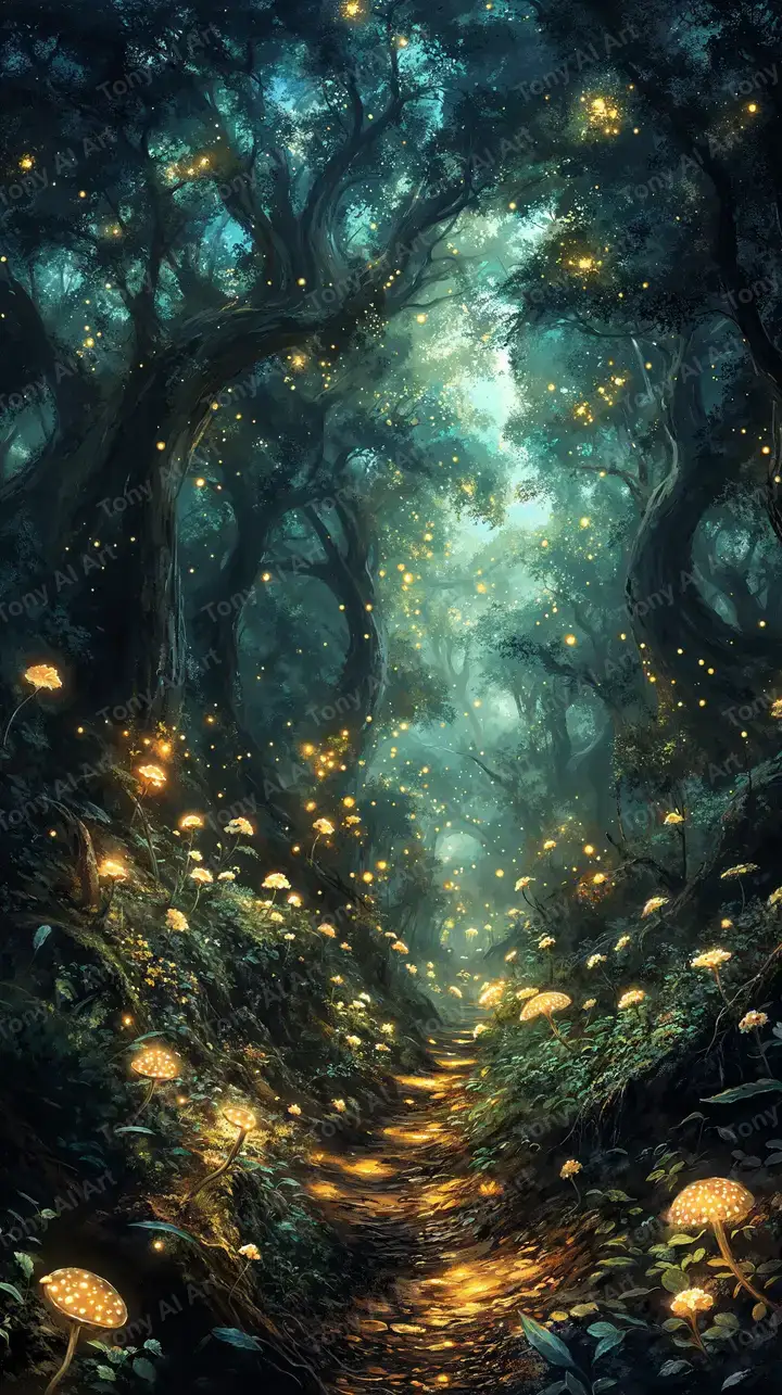 Rừng Thần Kỳ - Hiệu Ứng Neon Vàng Xanh AI Art 4K