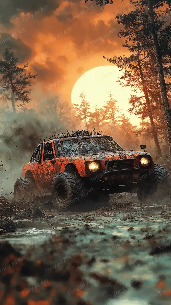 Xe Off-Road Hoàng Hôn Rừng - Hình Nền AI Art 4K Cinematic