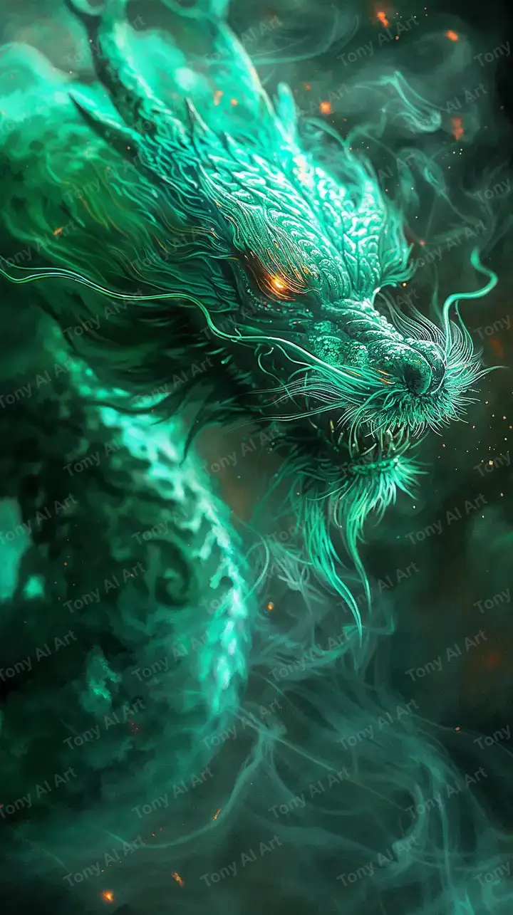 Rồng Neon Xanh Lục - Hình Nền AI Art Cosmic 4K
