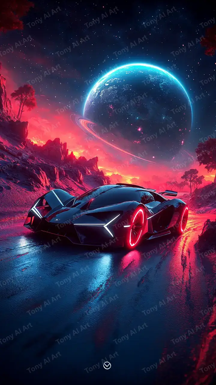 Siêu Xe Neon Cyberpunk - Hành Tinh Vũ Trụ AI Art 4K