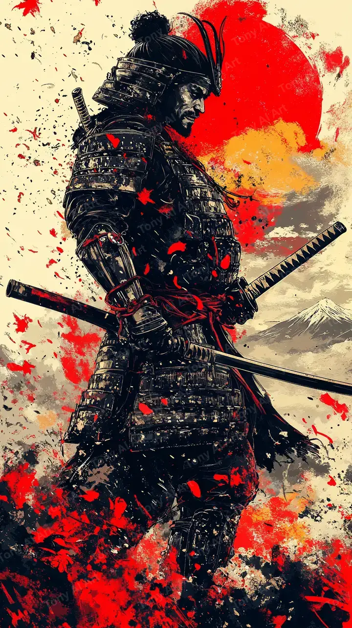 Samurai Nhật Bản Double Exposure - Hình Nền AI Art 4K