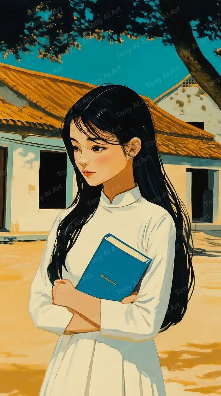 Cô Gái Áo Dài Đọc Sách - Hình Nền AI Art Kiến Trúc Việt 4K