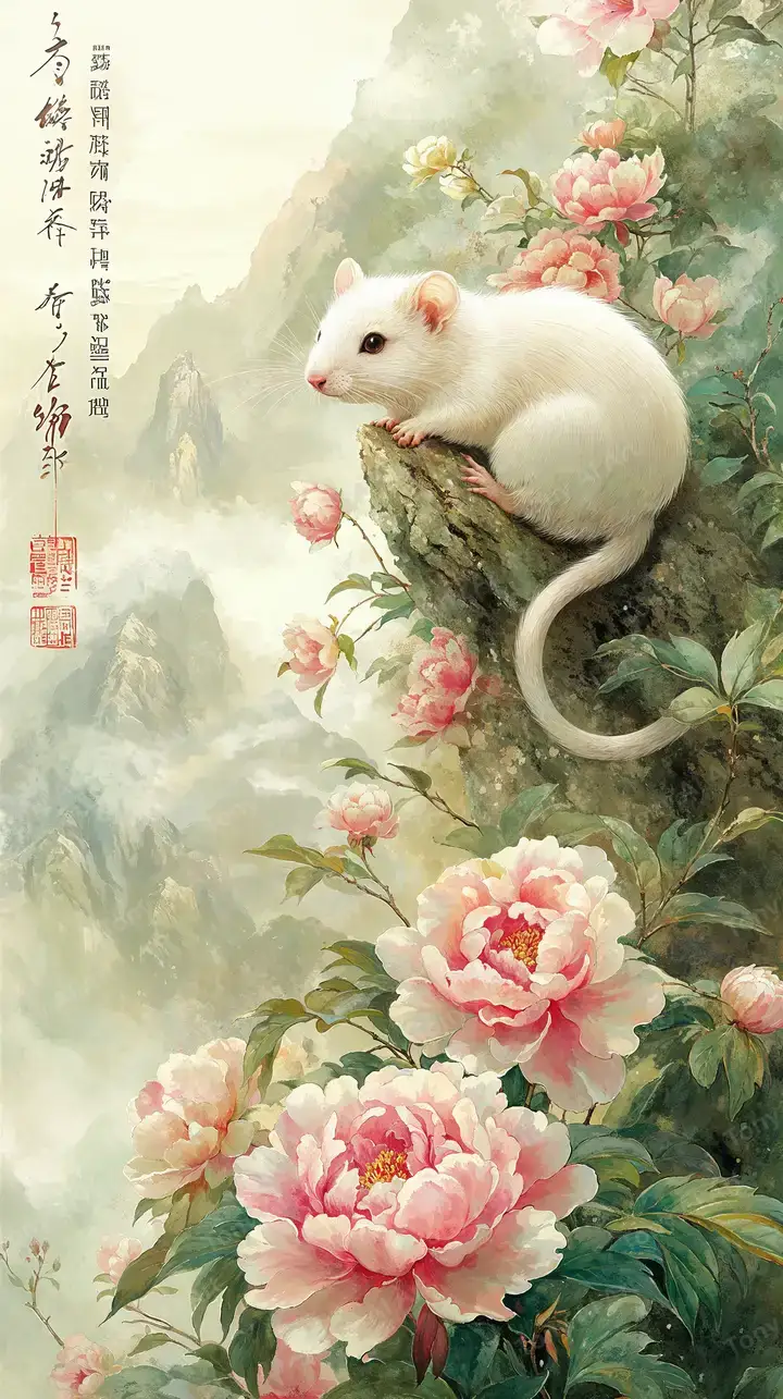 Chuột Tý & Hoa Mẫu Đơn - Hình Nền AI Art Tranh Truyền Thống 4K