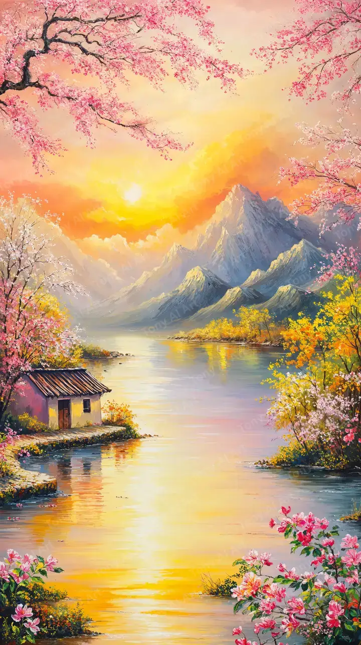 Hoa Anh Đào Hoàng Hôn - Cảnh Núi Sông AI Art 4K