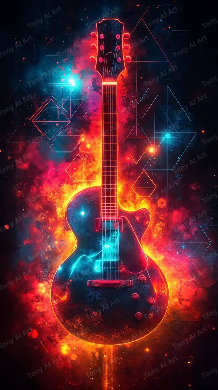 Cây Đàn Guitar Neon Cosmic - Hình Nền AI Art 4K
