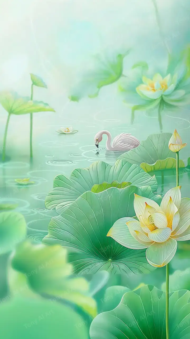 Đàn Hồng Hoa Sen Xanh - Hình Nền AI Art Watercolor 4K