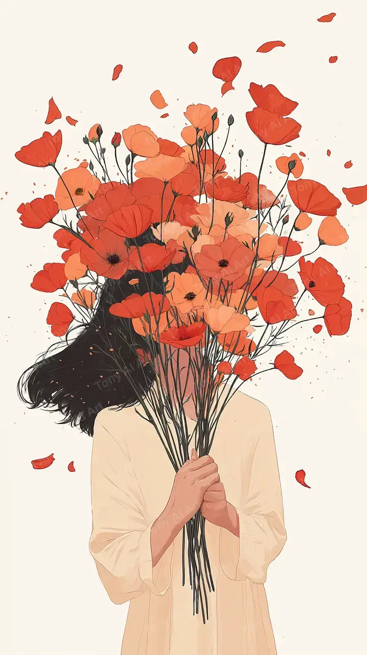 Cô Gái Cầm Bó Hoa Đỏ - AI Art Hình Nền Tối Giản 4K