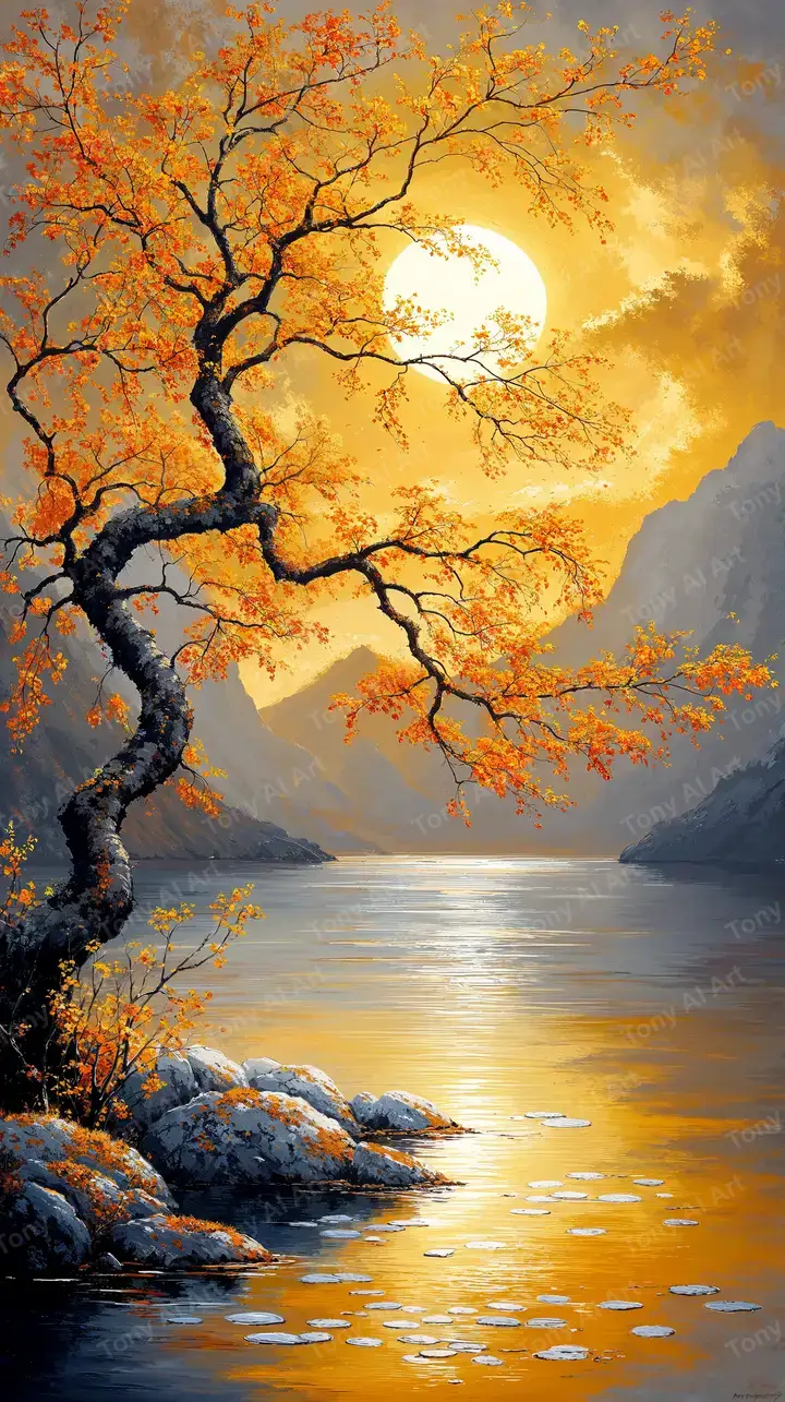 Cây Cổ Thụ Vàng Hoàng Hôn - Hình Nền AI Art Thiên Nhiên 4K