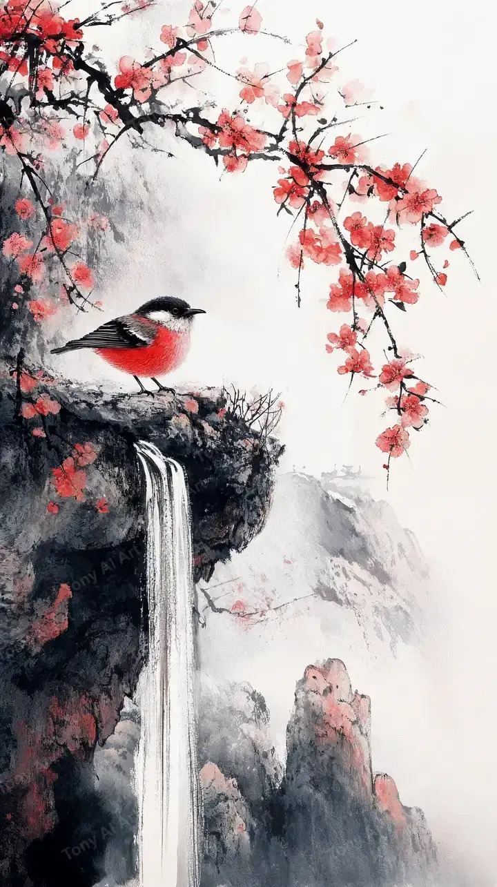 Chim Đỏ Hoa Đào - Tranh Tàu Sương Mù Hình Nền AI Art 4K