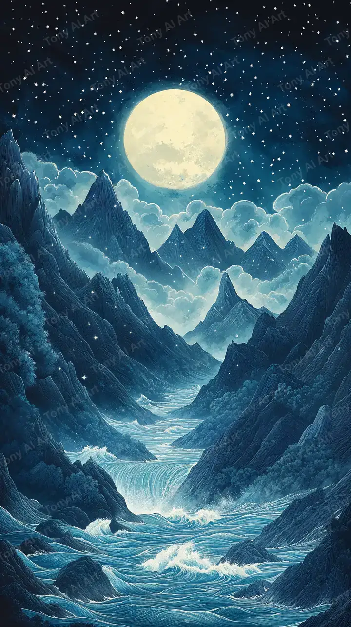 Mặt Trăng Núi Đêm Xanh - Hình Nền AI Art Fantasy 4K