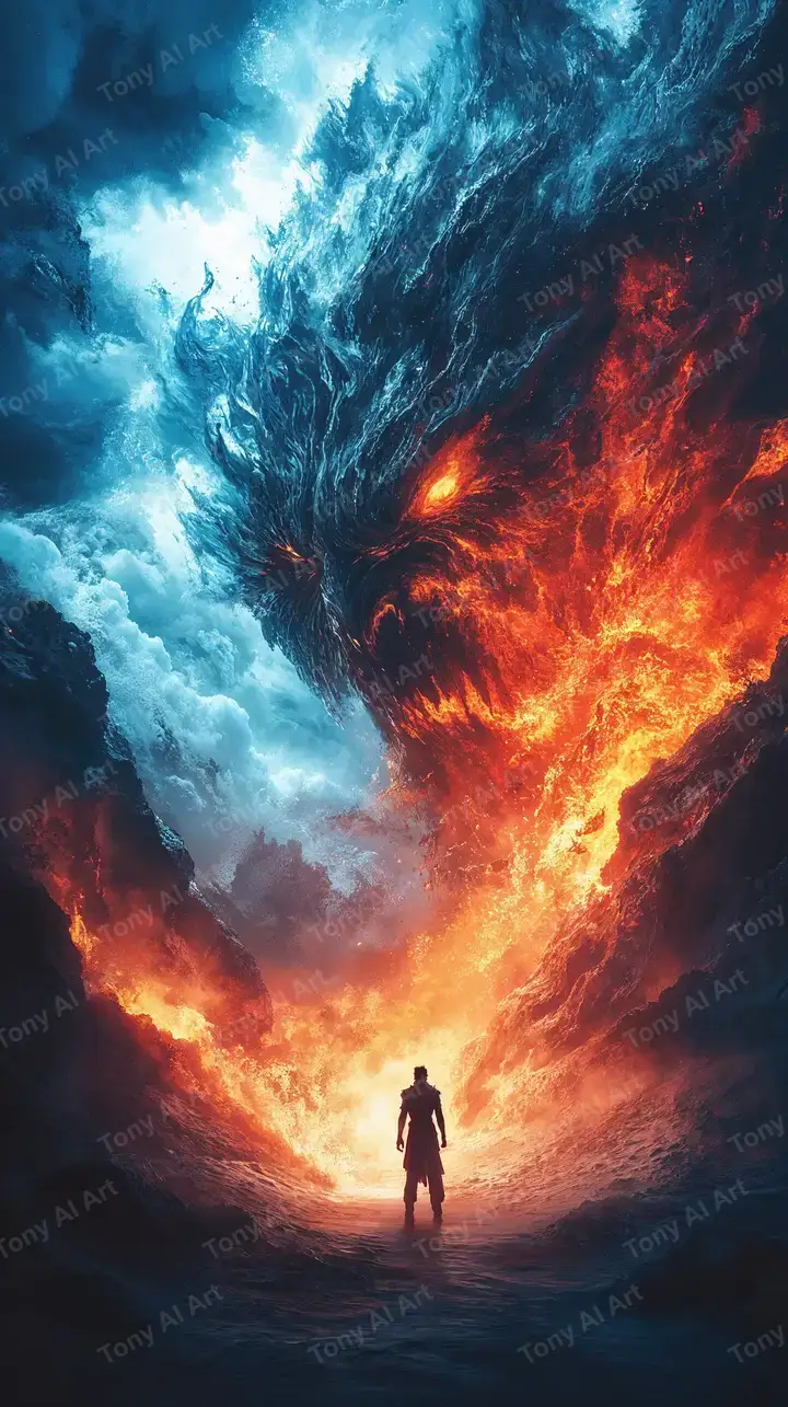 Silhouette Cosmic Neon - Lửa Vs Nước AI Art 4K