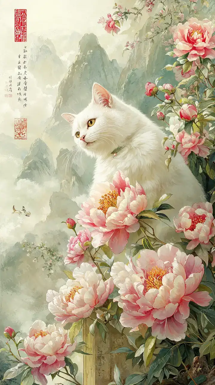 Mèo Trắng Hoa Mẫu Đơn - Phong Thủy AI Art 4K