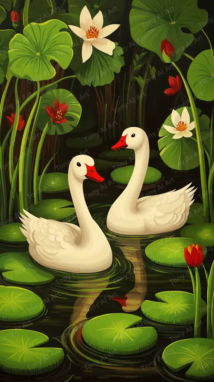 Vịt Trắng Hoa Sen Xanh - Hình Nền AI Art 4K